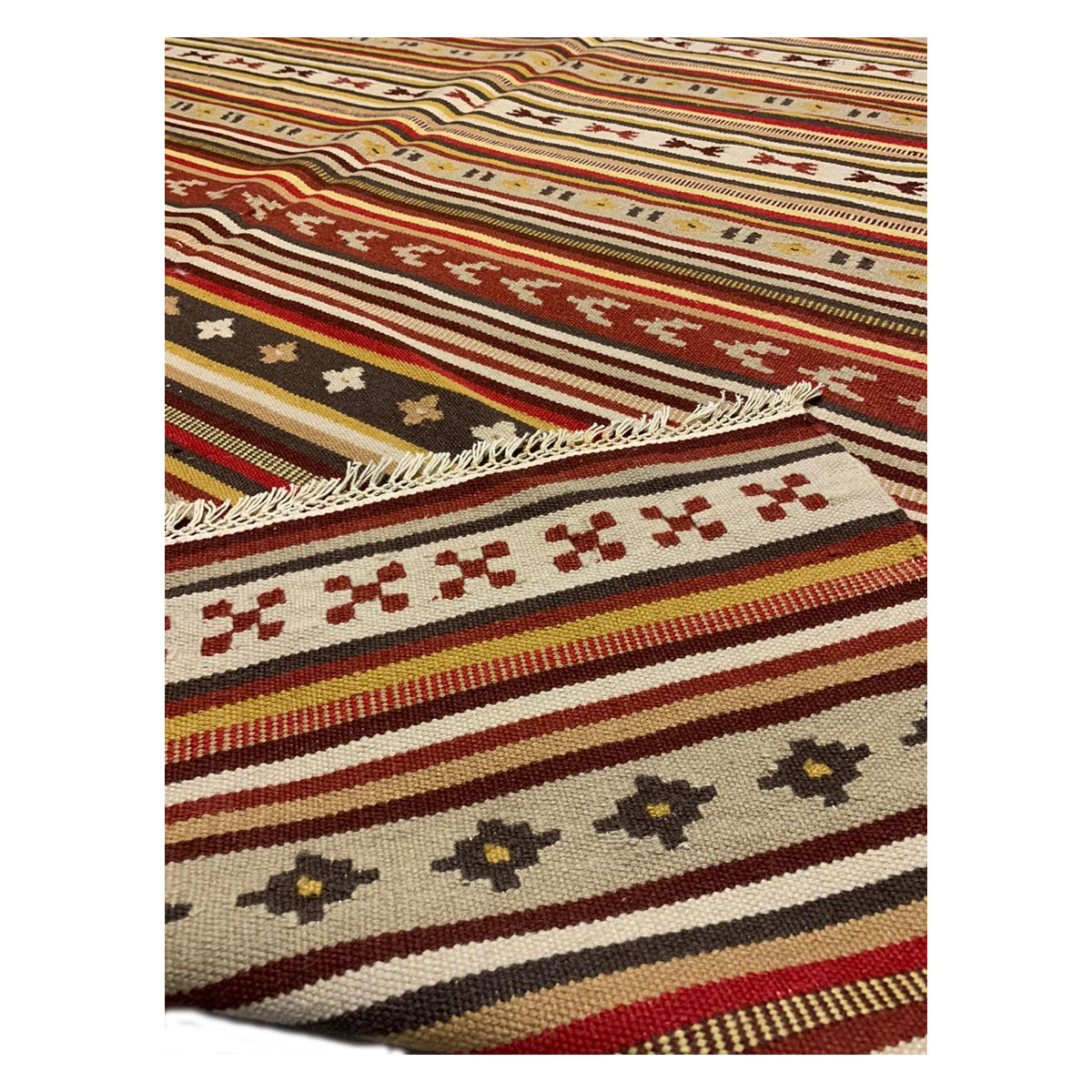 Vintage Handwoven Calico Strip Rug - 100% Genuine Wool Kilim with Unique Antique Look