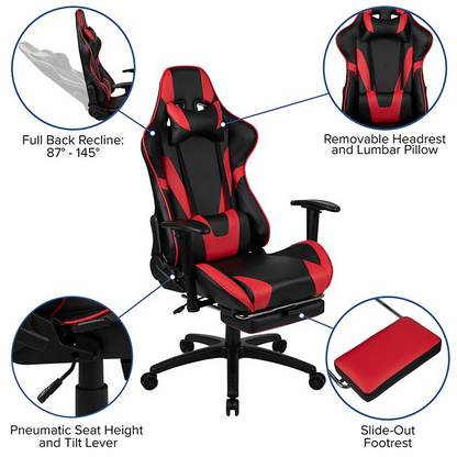 Black Gaming Desk and Red/Black Footrest Reclining Gaming Chair Set with Cup Holder, Headphone Hook, & Monitor/Smartphone Stand