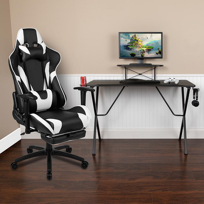 Black Gaming Desk and Reclining Gaming Chair Set with Cup Holder, Headphone Hook, and Monitor/Smartphone Stand