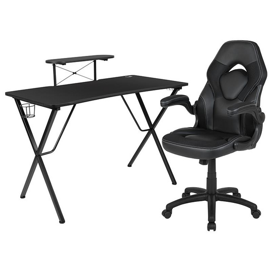 Black Gaming Desk and Black Racing Chair Set with Cup Holder, Headphone Hook, and Monitor/Smartphone Stand