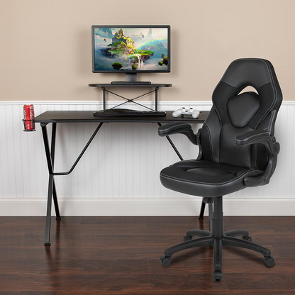 Black Gaming Desk and Black Racing Chair Set with Cup Holder, Headphone Hook, and Monitor/Smartphone Stand