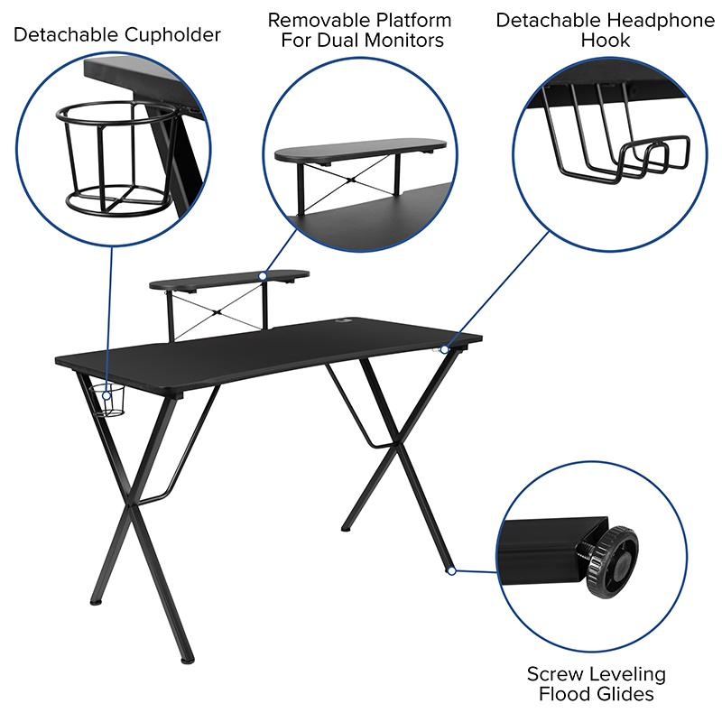 Black Gaming Desk and Black Racing Chair Set with Cup Holder, Headphone Hook, and Monitor/Smartphone Stand