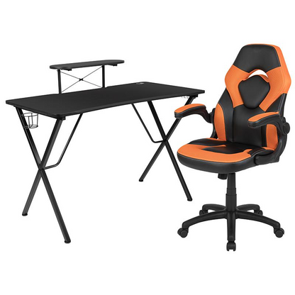 Black Gaming Desk and Orange/Black Racing Chair Set - Ultimate Gaming Combo