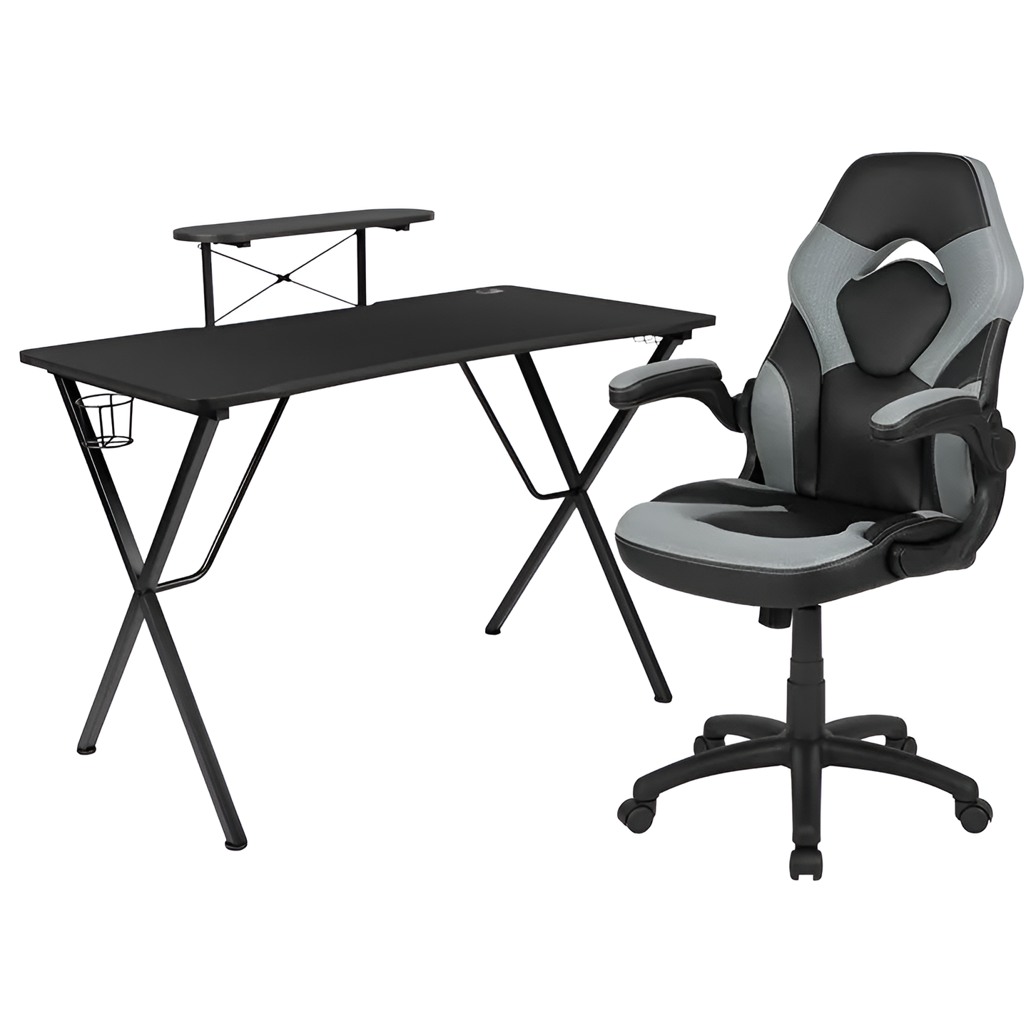 Black Gaming Desk and Gray/Black Racing Chair Set - Upgrade Your Gaming Experience