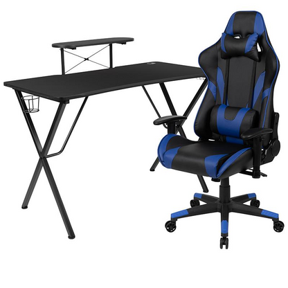 Black Gaming Desk and Blue Reclining Gaming Chair Set with Cup Holder, Headphone Hook, and Monitor/Smartphone Stand