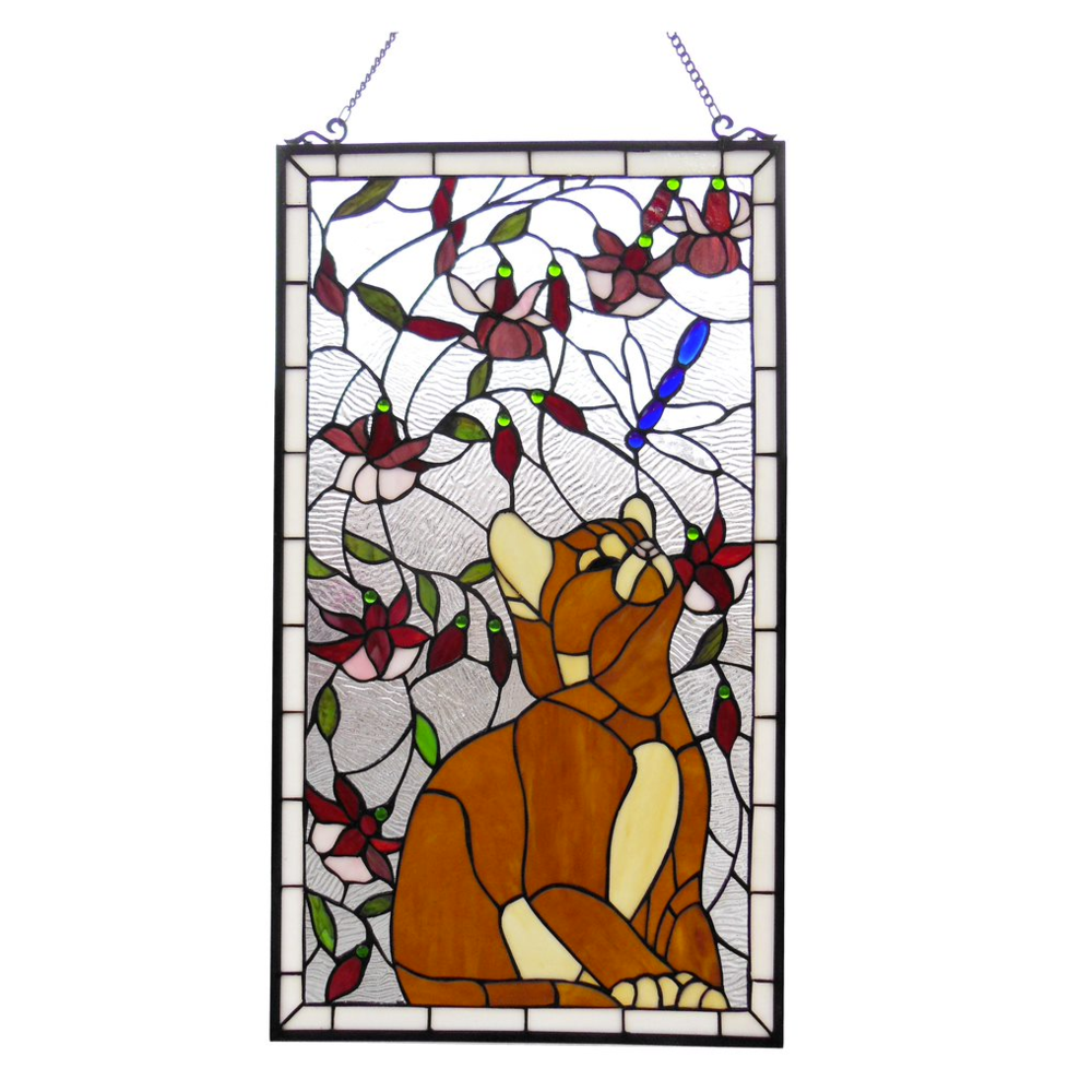 MIAOU Tiffany-glass Window Panel 18x31 - Colorful Cat and Dragonfly Design