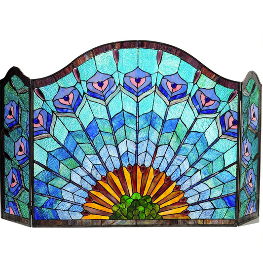 REGAL EUDORA Tiffany-glass 3pcs Folding Peacock Fireplace Screen 48" Wide - Elegant Home Decor