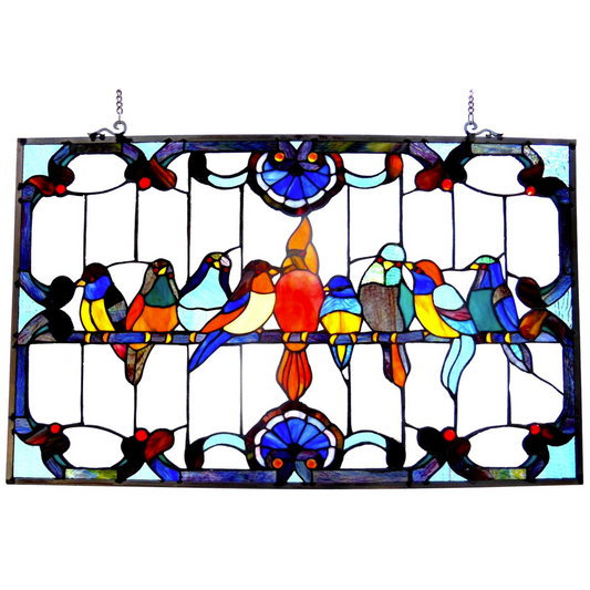 Tiffany-glass Gathering Birds Window Panel 32x20 | Stained Glass Panel