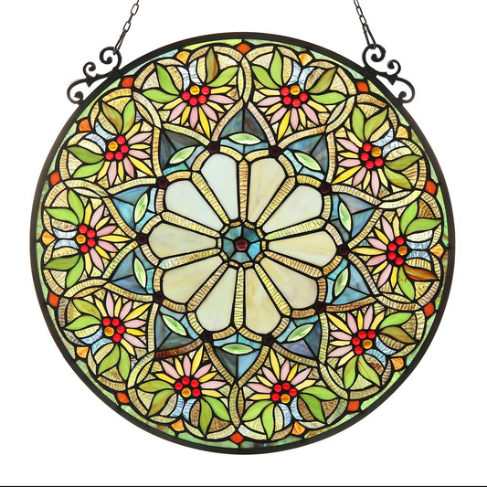 SUNNY Tiffany-glass Floral Window Panel 23.5" - Handcrafted Stained Glass Design