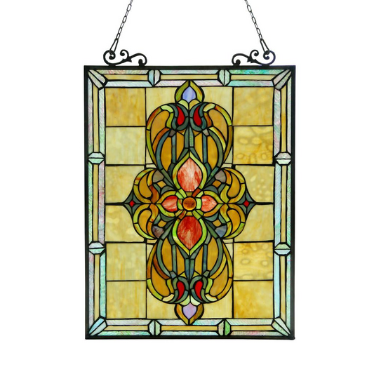 AVALON Tiffany-glass Victorian Window Panel 18x25 - Handcrafted Stained Glass and Gem-like Cabochons