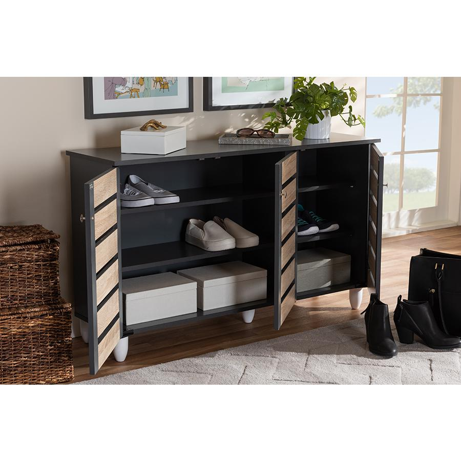 Two-Tone Oak & Dark Gray 3-Door Shoe Cabinet