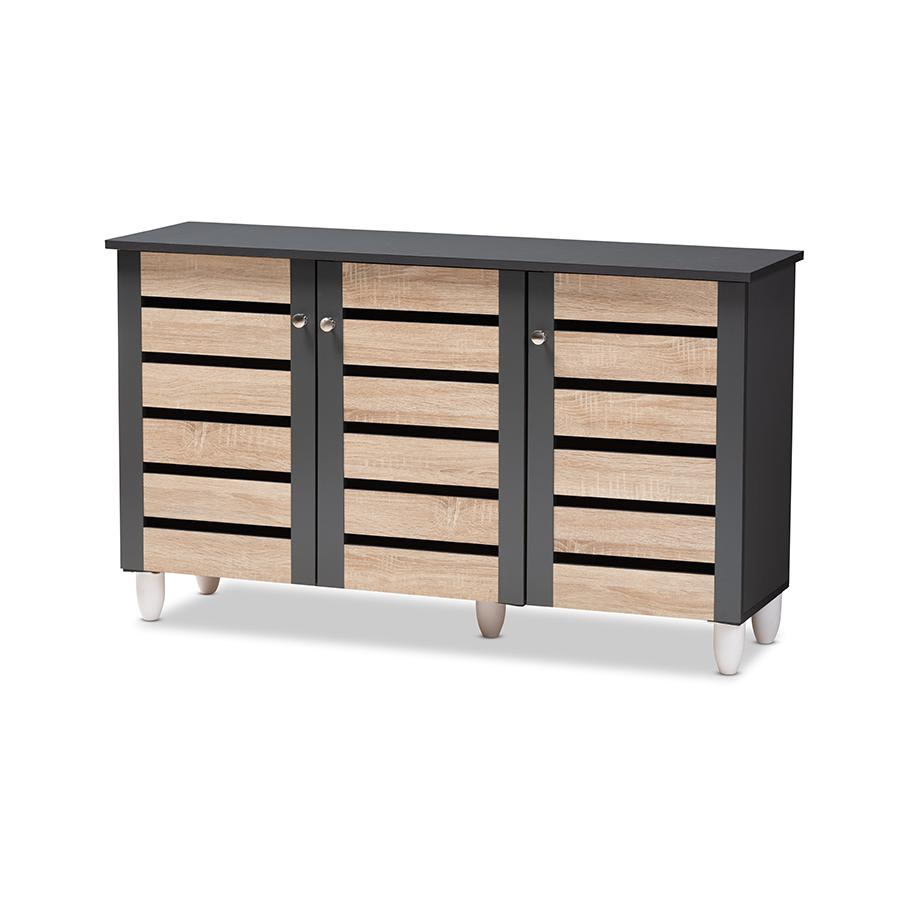 Two-Tone Oak & Dark Gray 3-Door Shoe Cabinet