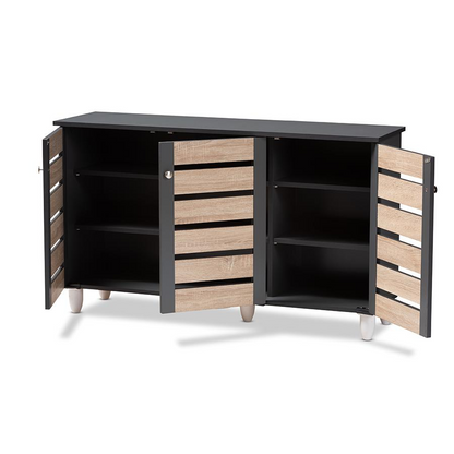 Two-Tone Oak & Dark Gray 3-Door Shoe Cabinet