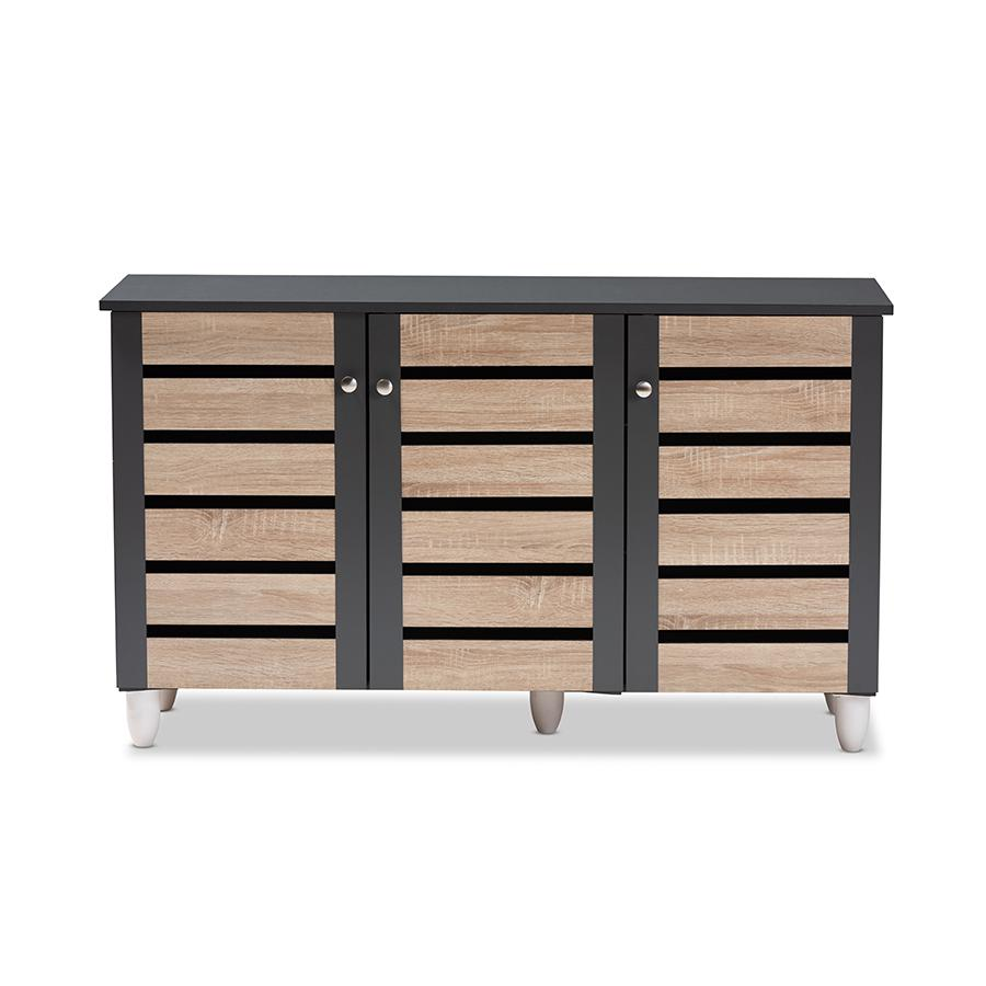 Two-Tone Oak & Dark Gray 3-Door Shoe Cabinet