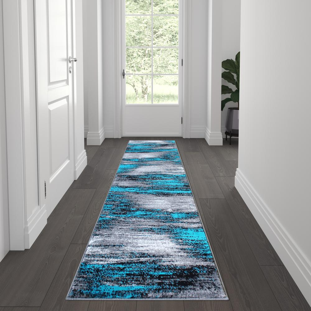 2' x 7' Turquoise Abstract Area Rug - Stain-Resistant, Water Repellent, Ultra-Soft Olefin Fibers