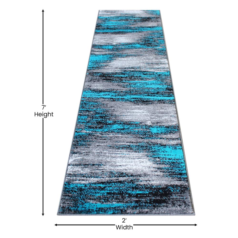 2' x 7' Turquoise Abstract Area Rug - Stain-Resistant, Water Repellent, Ultra-Soft Olefin Fibers