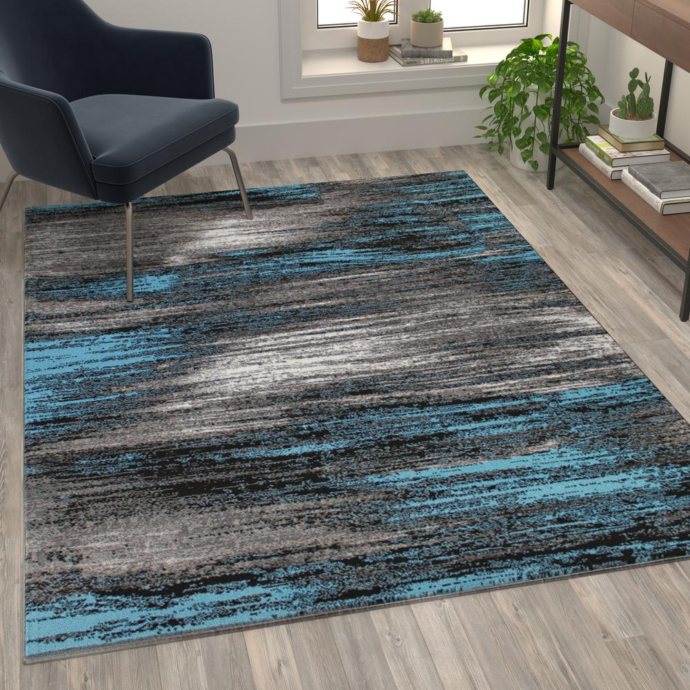 5' x 7' Blue Scraped Design Area Rug - Stain-Resistant Olefin Rug with Jute Backing