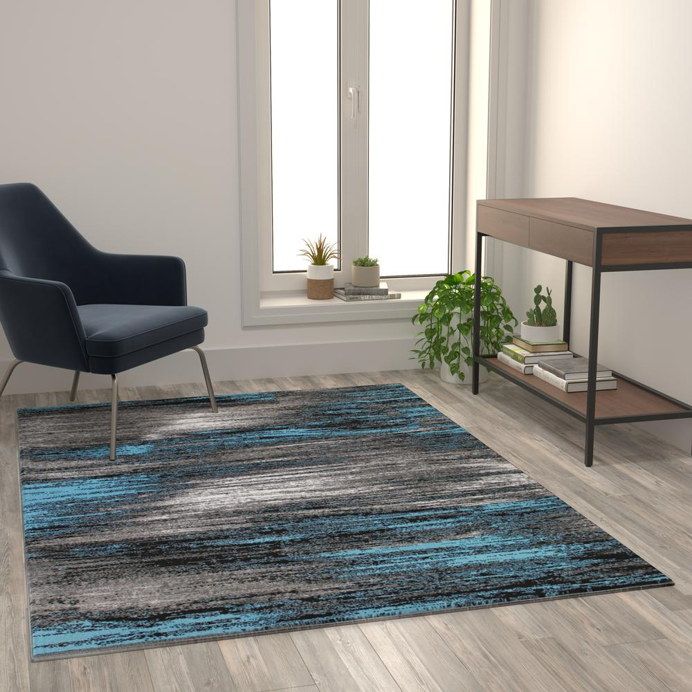 5' x 7' Blue Scraped Design Area Rug - Stain-Resistant Olefin Rug with Jute Backing