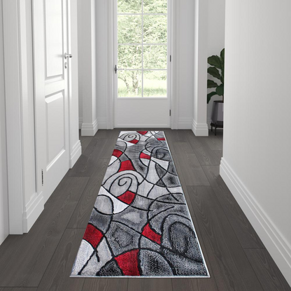 2' x 7' Red Abstract Area Rug - Olefin Rug | Modern Contemporary Accent Rug for Indoor Use