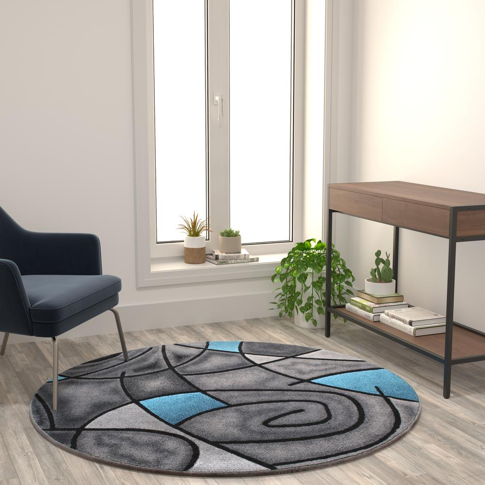 5' x 5' Round Blue Abstract Area Rug - Olefin Rug