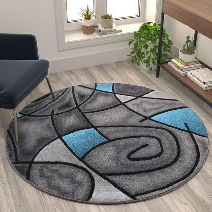 5' x 5' Round Blue Abstract Area Rug - Olefin Rug