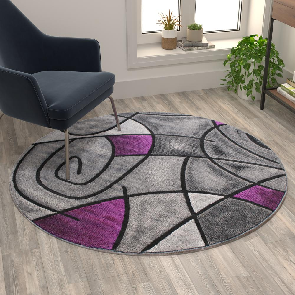 5' x 5' Round Purple Abstract Area Rug - Olefin Rug