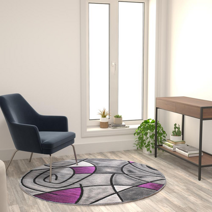 5' x 5' Round Purple Abstract Area Rug - Olefin Rug