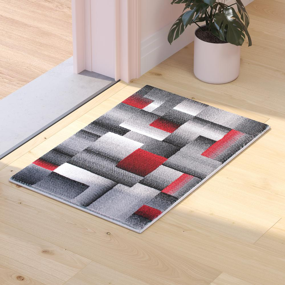 2' x 3' Red Color Blocked Area Rug - Modern Design - Stain-Resistant - Kid and Pet Friendly