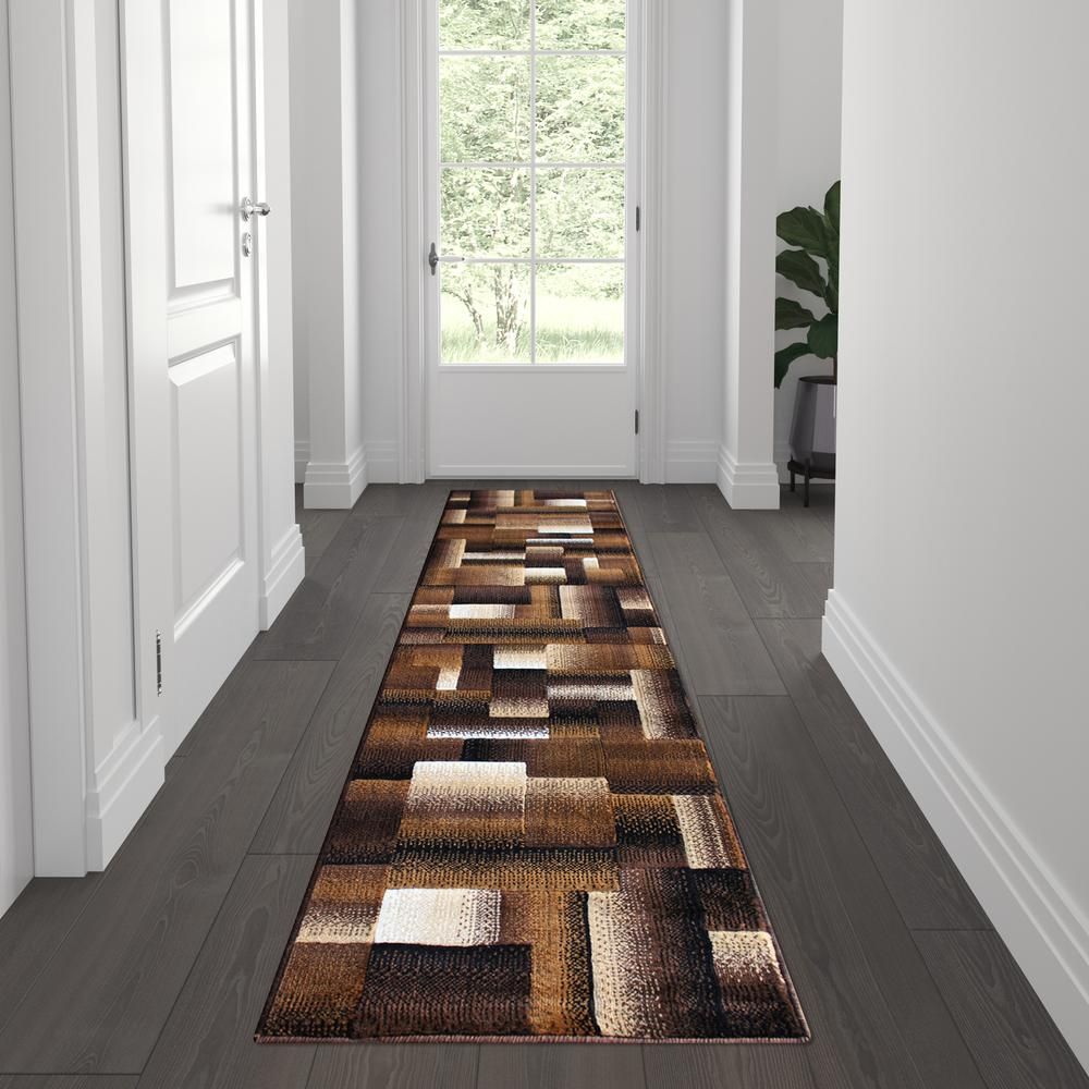 2' x 7' Chocolate Color Blocked Area Rug - Modern Geometric Design - Stain-Resistant Olefin Fibers