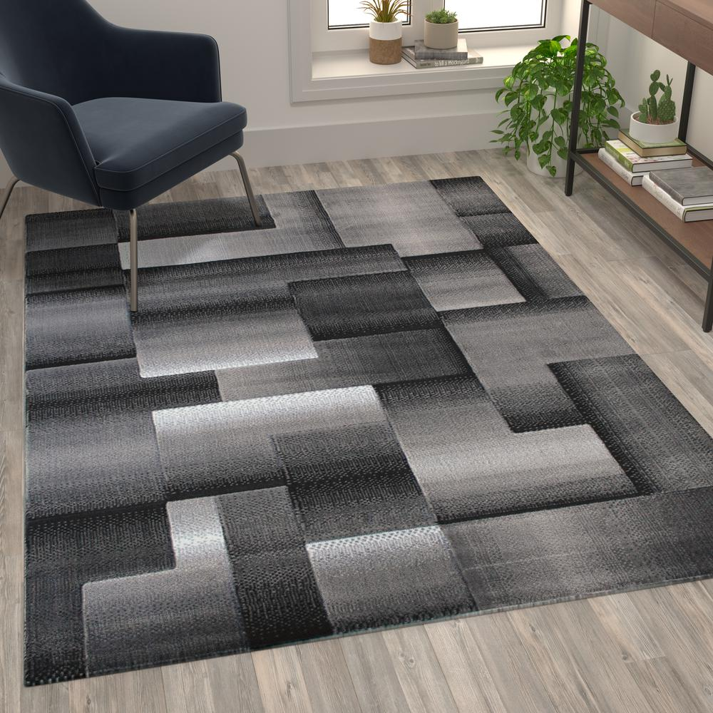 5' x 7' Gray Color Blocked Area Rug - Olefin Rug | Modern Geometric Design, Stain-Resistant Fibers