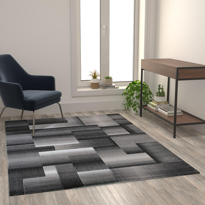 5' x 7' Gray Color Blocked Area Rug - Olefin Rug | Modern Geometric Design, Stain-Resistant Fibers