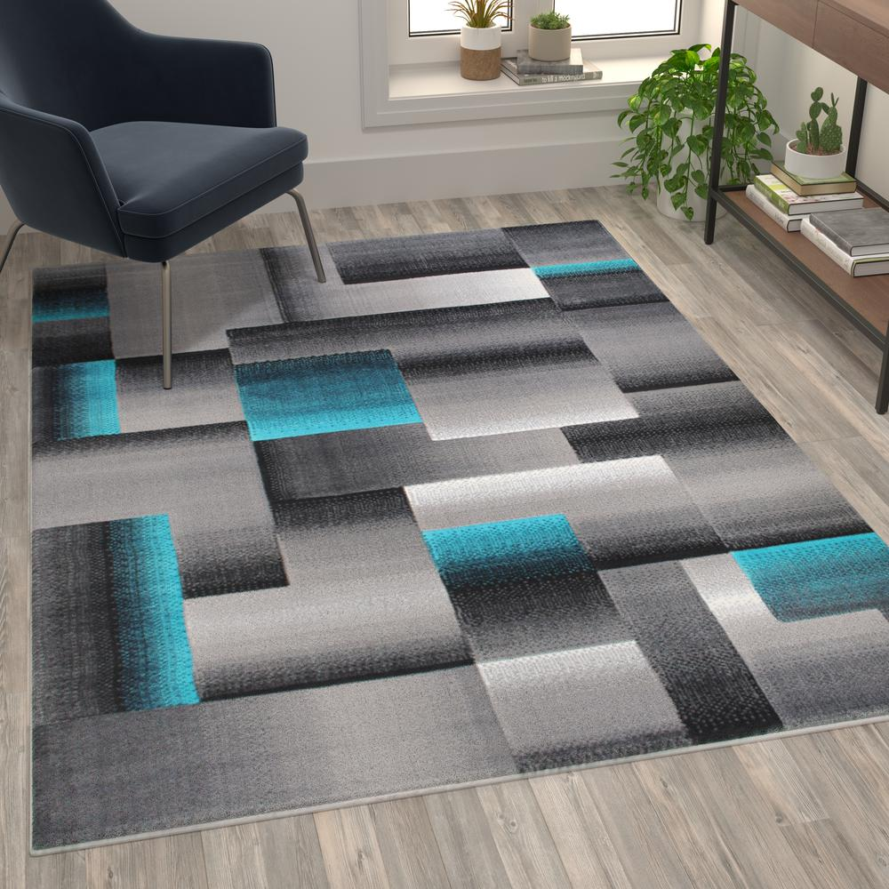 5' x 7' Turquoise Color Blocked Area Rug - Stain-Resistant, Water Repellent, and Non-Shedding Olefin Rug