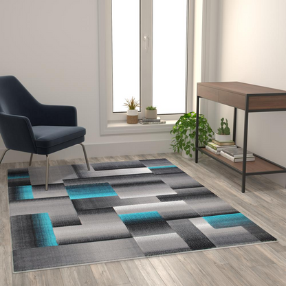 5' x 7' Turquoise Color Blocked Area Rug - Stain-Resistant, Water Repellent, and Non-Shedding Olefin Rug