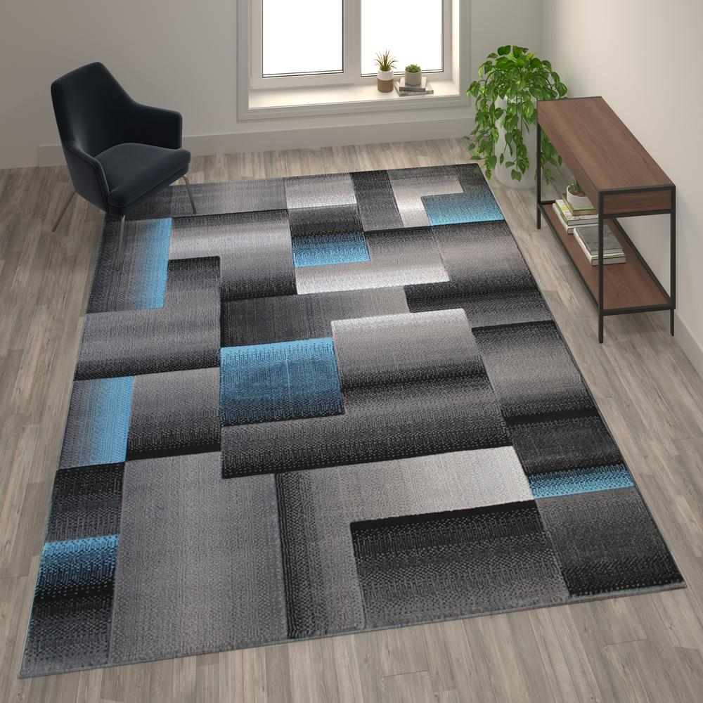 8' x 10' Blue Color Blocked Area Rug - Contemporary Geometric Pattern Rug