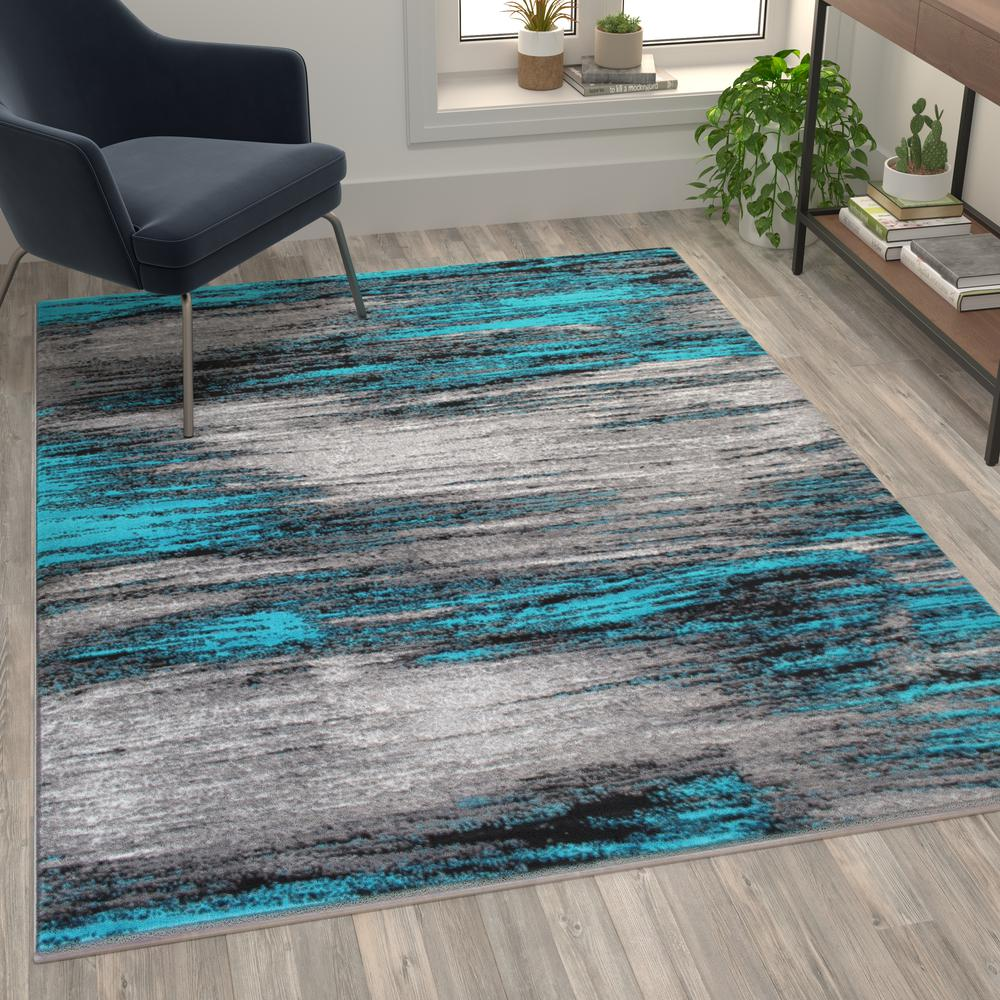 5' x 7' Turquoise Scraped Design Area Rug - Stain-Resistant Olefin Rug with Jute Backing