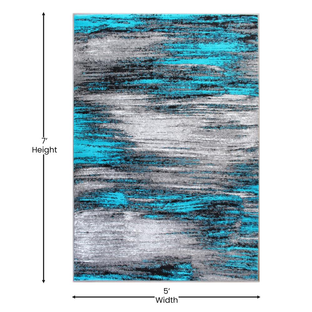 5' x 7' Turquoise Scraped Design Area Rug - Stain-Resistant Olefin Rug with Jute Backing