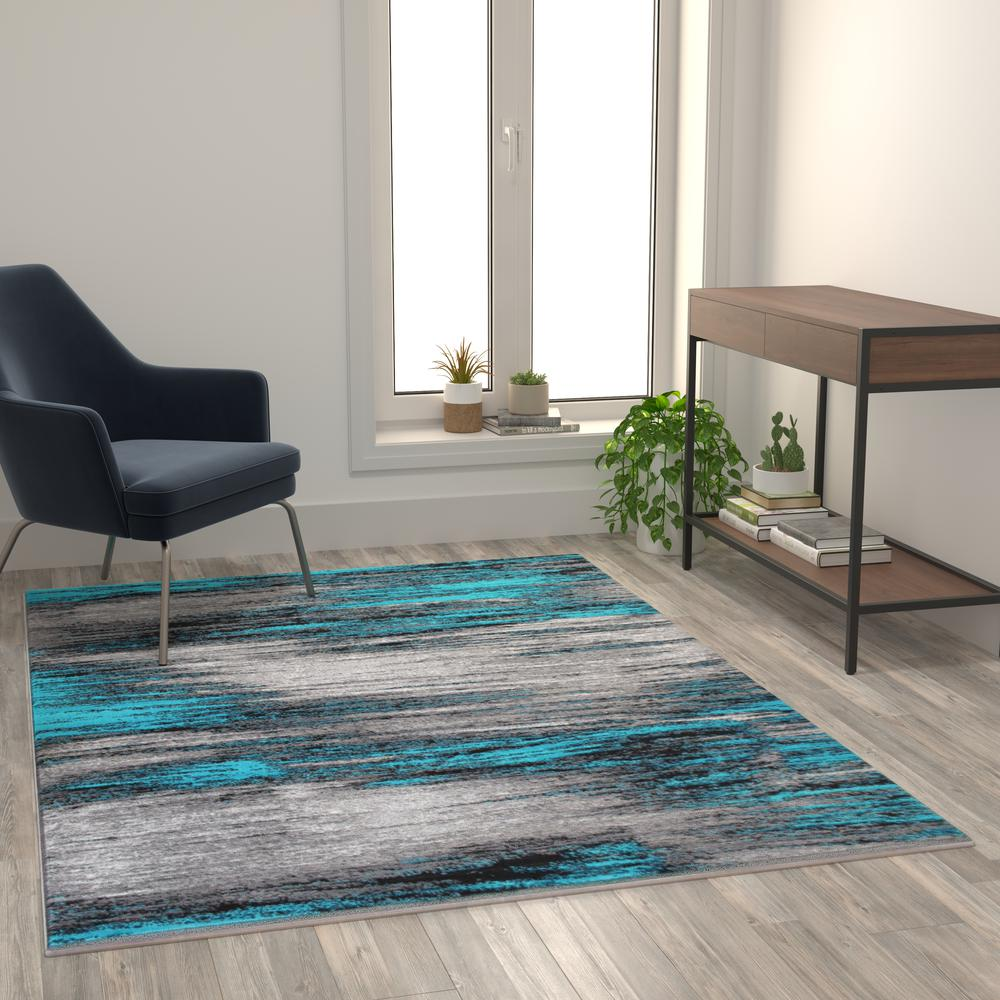 5' x 7' Turquoise Scraped Design Area Rug - Stain-Resistant Olefin Rug with Jute Backing