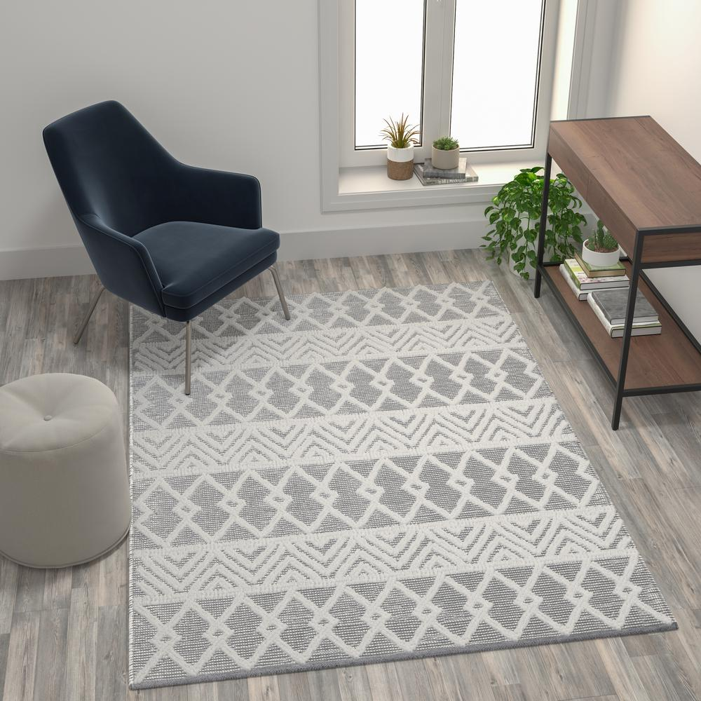 Geometric 5'x7' Hand Woven Gray Area Rug with Ivory Diamond Pattern - Modern Design, Soft & Plush, Easy to Clean