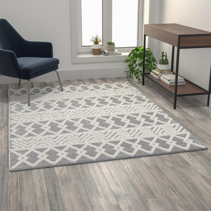 Geometric 5'x7' Hand Woven Gray Area Rug with Ivory Diamond Pattern - Modern Design, Soft & Plush, Easy to Clean