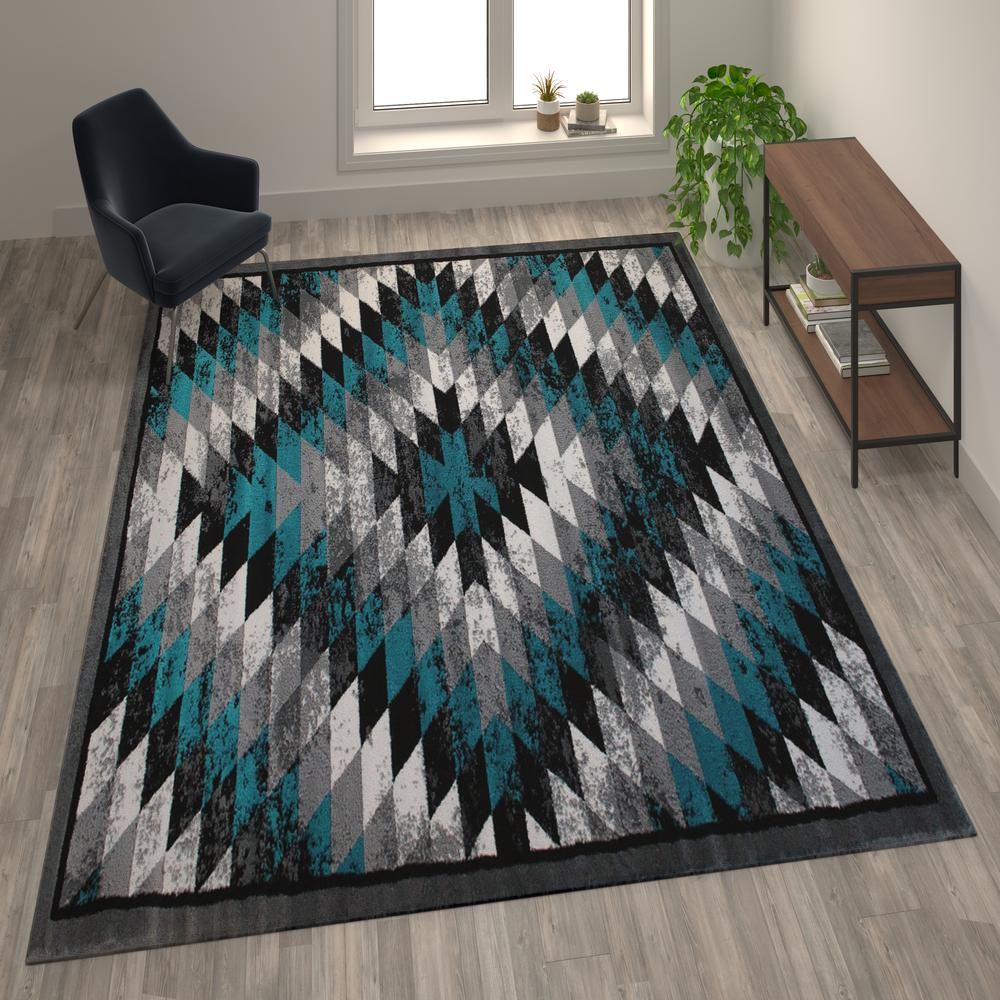 Southwestern 5' x 7' Turquoise Area Rug - Stain-Resistant Olefin Rug with Jute Backing