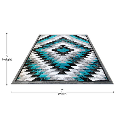 Southwestern 5' x 7' Turquoise Area Rug - Stain-Resistant Olefin Rug with Jute Backing