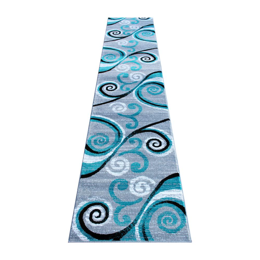 2' x 11' Turquoise Abstract Area Rug - Stain-Resistant Olefin Rug with Jute Backing