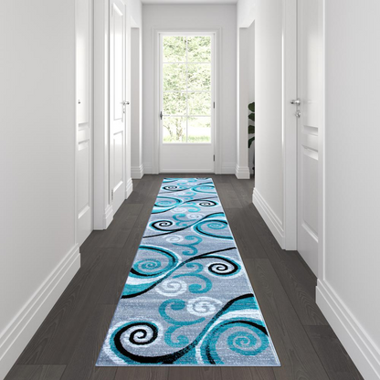 2' x 11' Turquoise Abstract Area Rug - Stain-Resistant Olefin Rug with Jute Backing