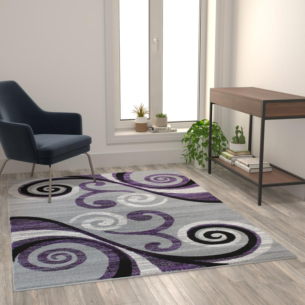 5' x 7' Purple Abstract Area Rug - Stain-Resistant, Distressed Design