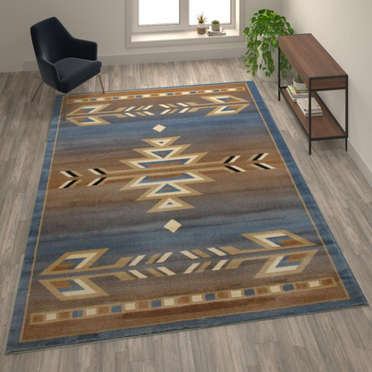 Southwestern 8' x 10' Blue Area Rug - Geometric Pattern Olefin Rug