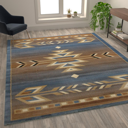 Southwestern 8' x 10' Blue Area Rug - Geometric Pattern Olefin Rug