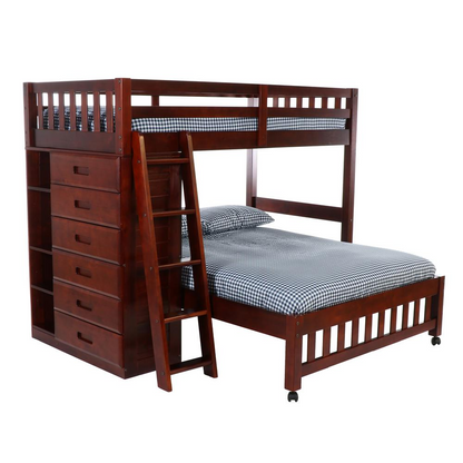 OS Home and Office Furniture Model 2806-22, Solid Pine Twin Over Full Loft Bed with Six Drawers in Rich Merlot