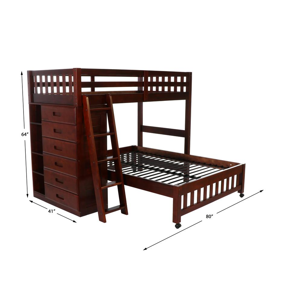 OS Home and Office Furniture Model 2806-22, Solid Pine Twin Over Full Loft Bed with Six Drawers in Rich Merlot