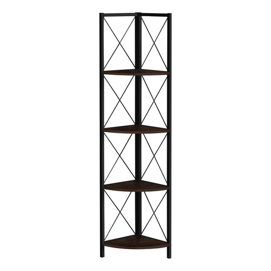 Transitional Style Corner Bookcase with 4 Tiers and X-Design, Dark Brown Espresso Finish