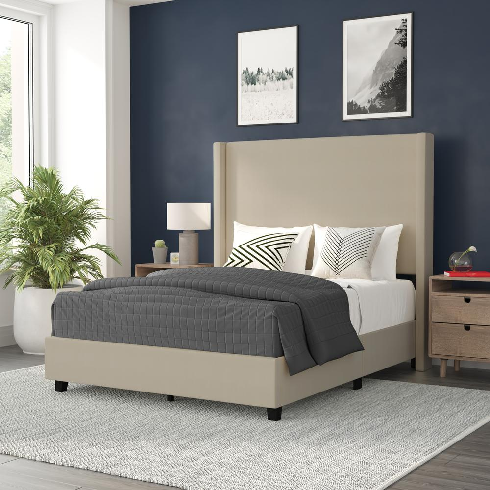 Quinn Full Upholstered Platform Bed Beige - Modern Upholstered Bed with Foam Padded Headboard and Footboard